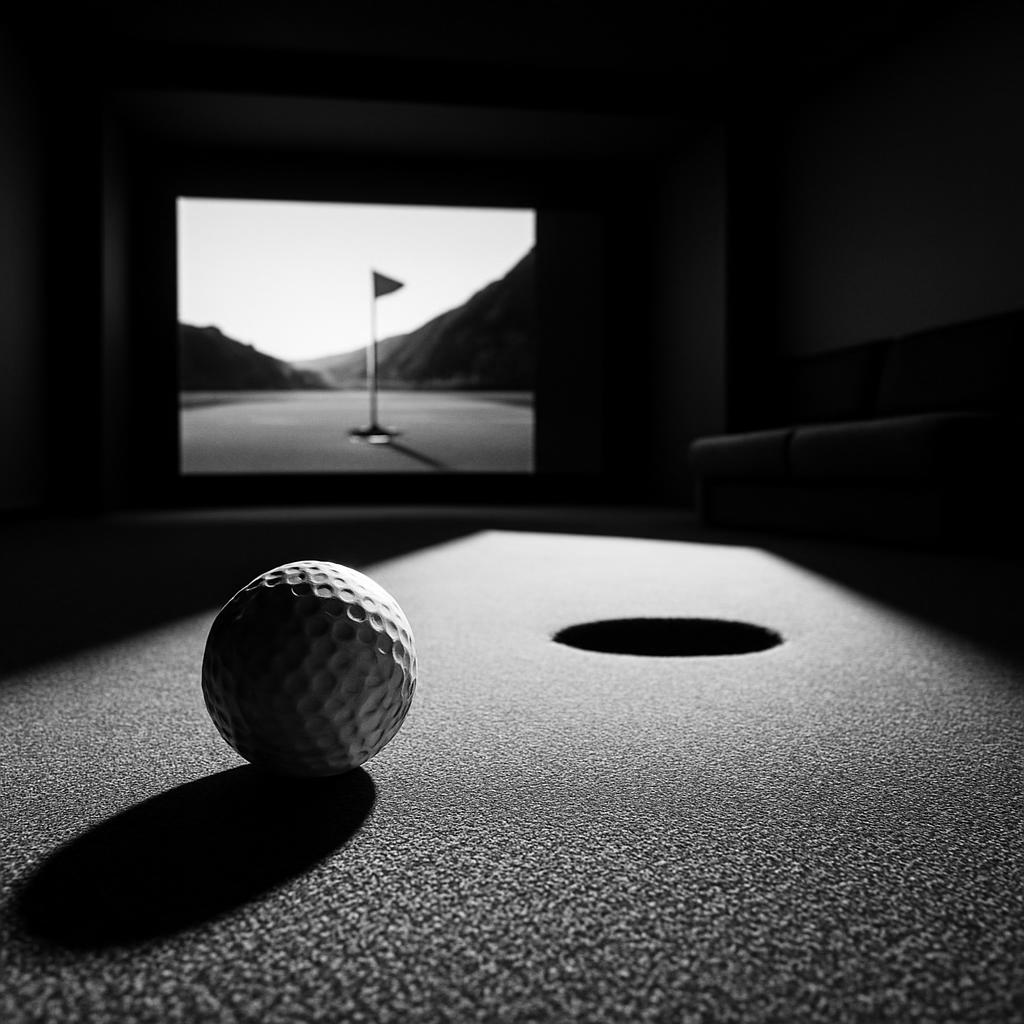 A dimly lit indoor putting green with a projector displaying a golf course background, featuring a single golf ball positi...